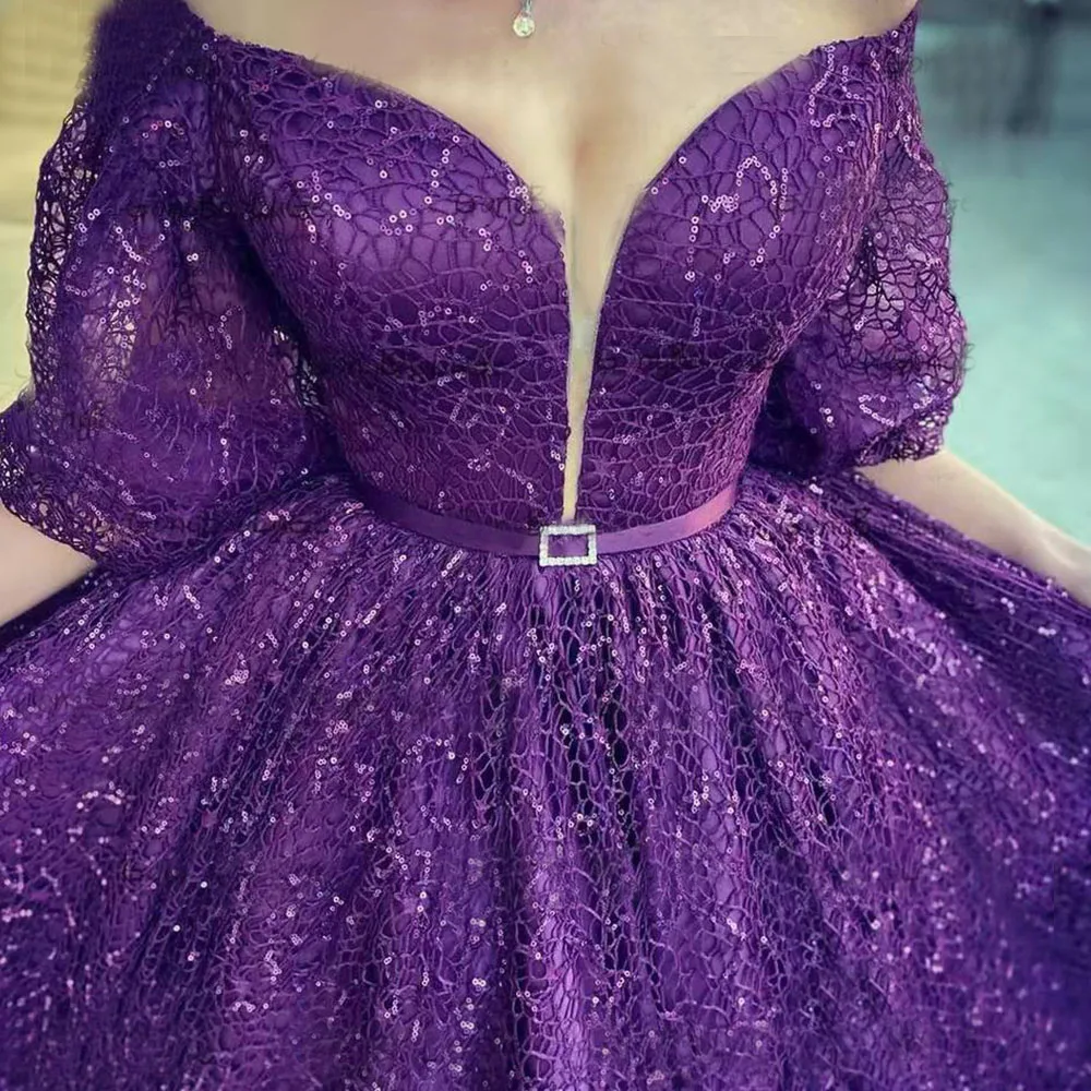 Shinny Purple Sequins Homecoming Dress Sweetheart Off Shoulder  Court Train Evening Prom Gown Ball GownVestido De novia فساتين