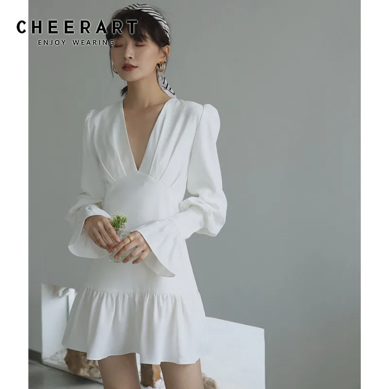 CHEERART White Deep V Neck Tunic Flare Sleeve Ladies Dress Long Sleeve Ruffle Korean Style Mini Dress Women Clothing