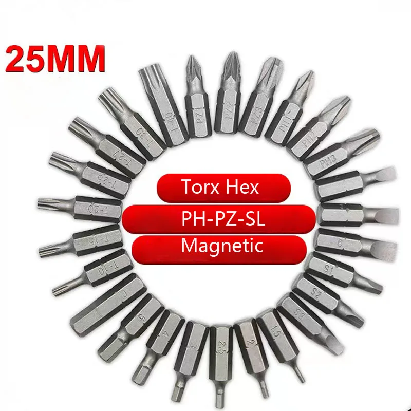 3pcs 25mm Screwdriver Bits Set 1/4 Inch Hex Shank CR-V Electric Screw Drill Bit T10-T40,H2-H6,SL4-SL6,PH1-PH3,PZ1-PZ3