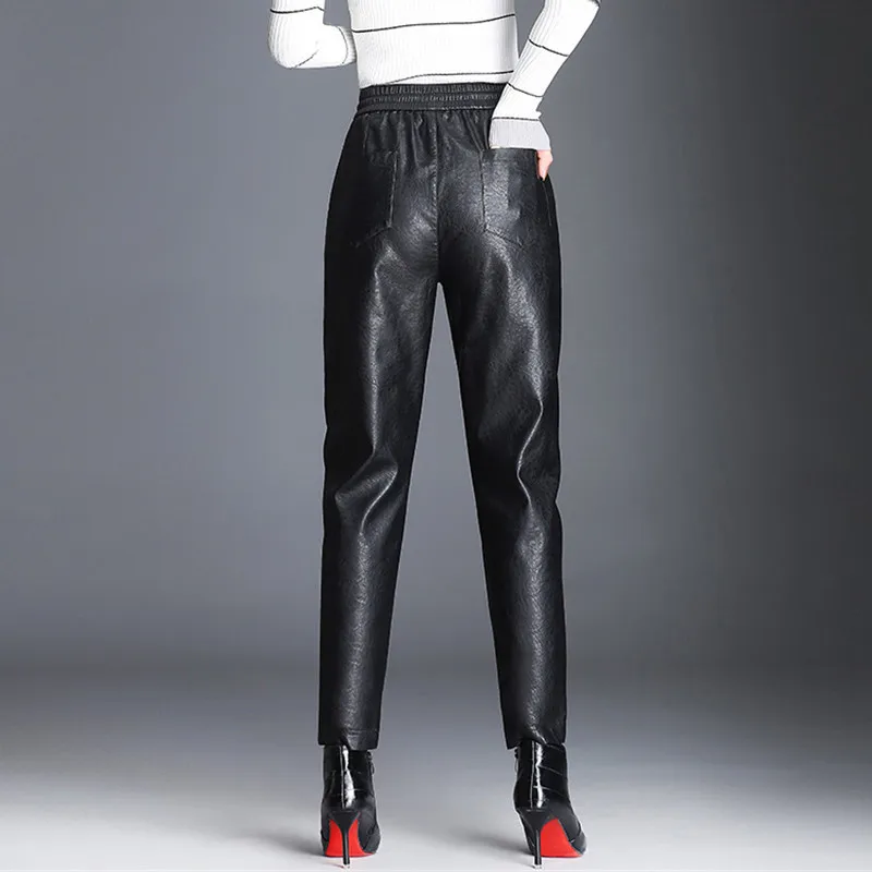 Women PU Leather Pants Fashion Drawstring Tie Ankle Trousers Elastic Waist Pants Pockets Black Streetwear Pantalones Mujer P162