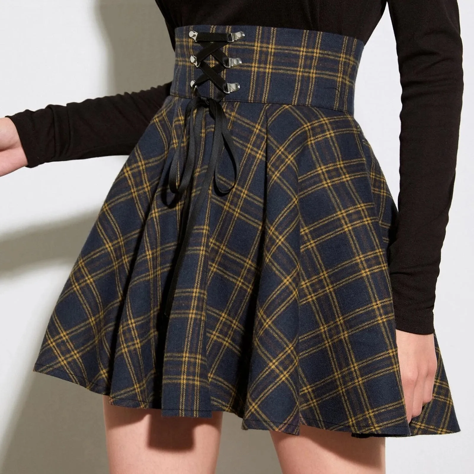 Hoge Taille Geplooide Mini Rok Vrouwen Mode Retro Punk Plaid Print Rok Riem Rits Korte Rok Koreaanse Alle-Match rokken Jupe