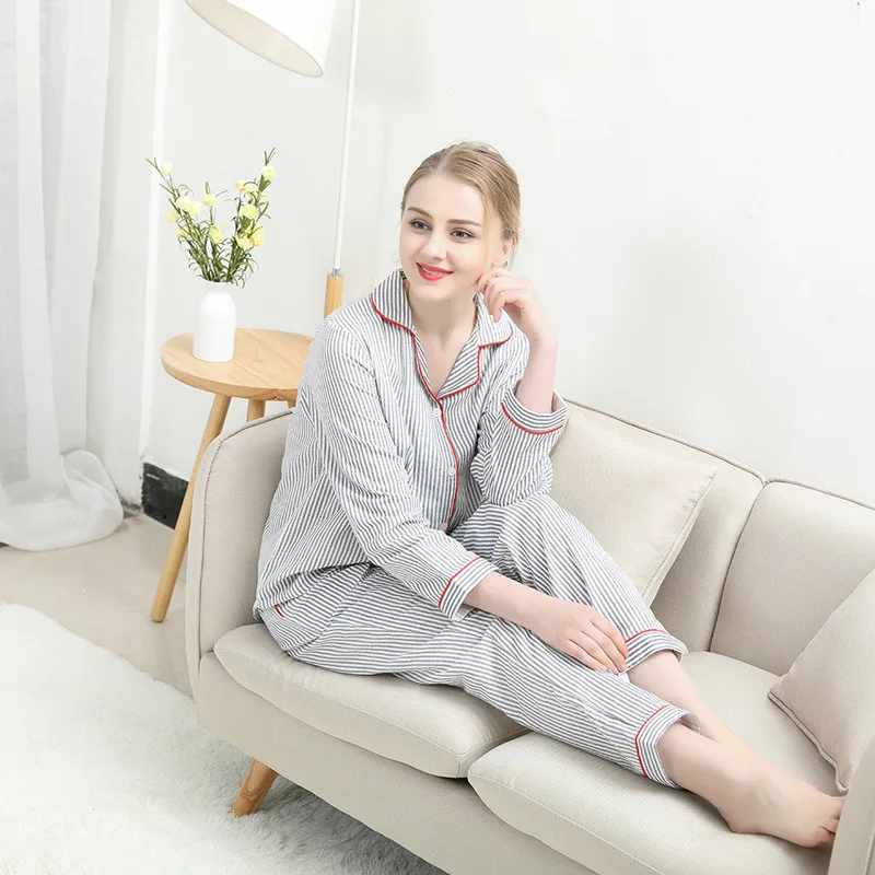 Kupokasi Women Cotton Pajama Set 2 Pieces Sleepwear Striped Long Sleeves Girl Nightwear Summer Autumn Casual Lounge wear