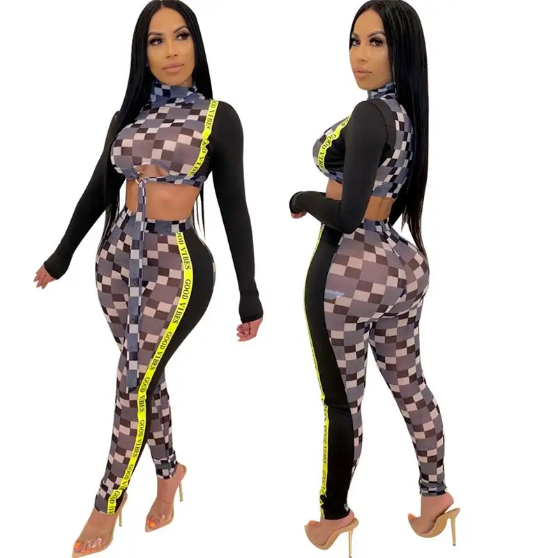 2020 New Plaid print long sleeve autumn women black jumpsuit women\'s Pants Fashion Slim Ladies Sexy sporswear Bodycon Yoga suits