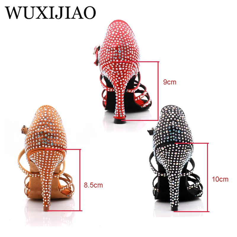 WUXIJIAO women\'s Latin dance shoes color satin sequins rhinestones Cuban high heels 9cm