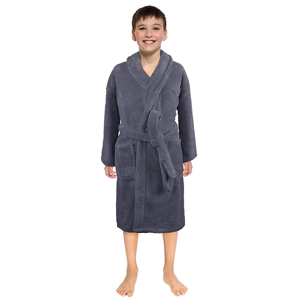 TELOTUNY Kids Boys Girls Solid Flannel Bathrobes Towel Night-Gown Pajamas Winter Warm Comfort Sleepwear Children Home Clothes