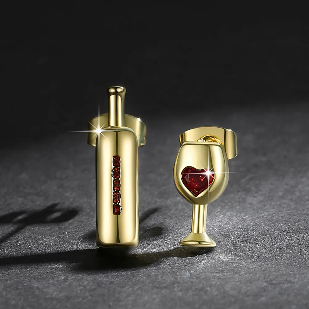 Asymmetric Love Wine Bottle Cup Stud Earrings Red Zircon Heart Stud Earrings Personalized Girl Bar Hip Hop Party Jewelry