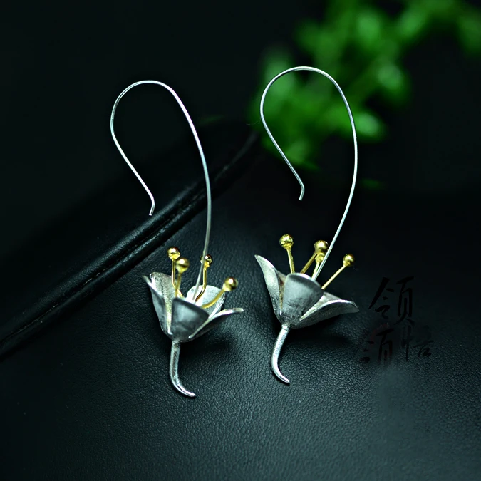 Orecchini a fiore lungo con personalità in argento sterling 925 per le donne Gioielli di moda pendientes in argento sterling