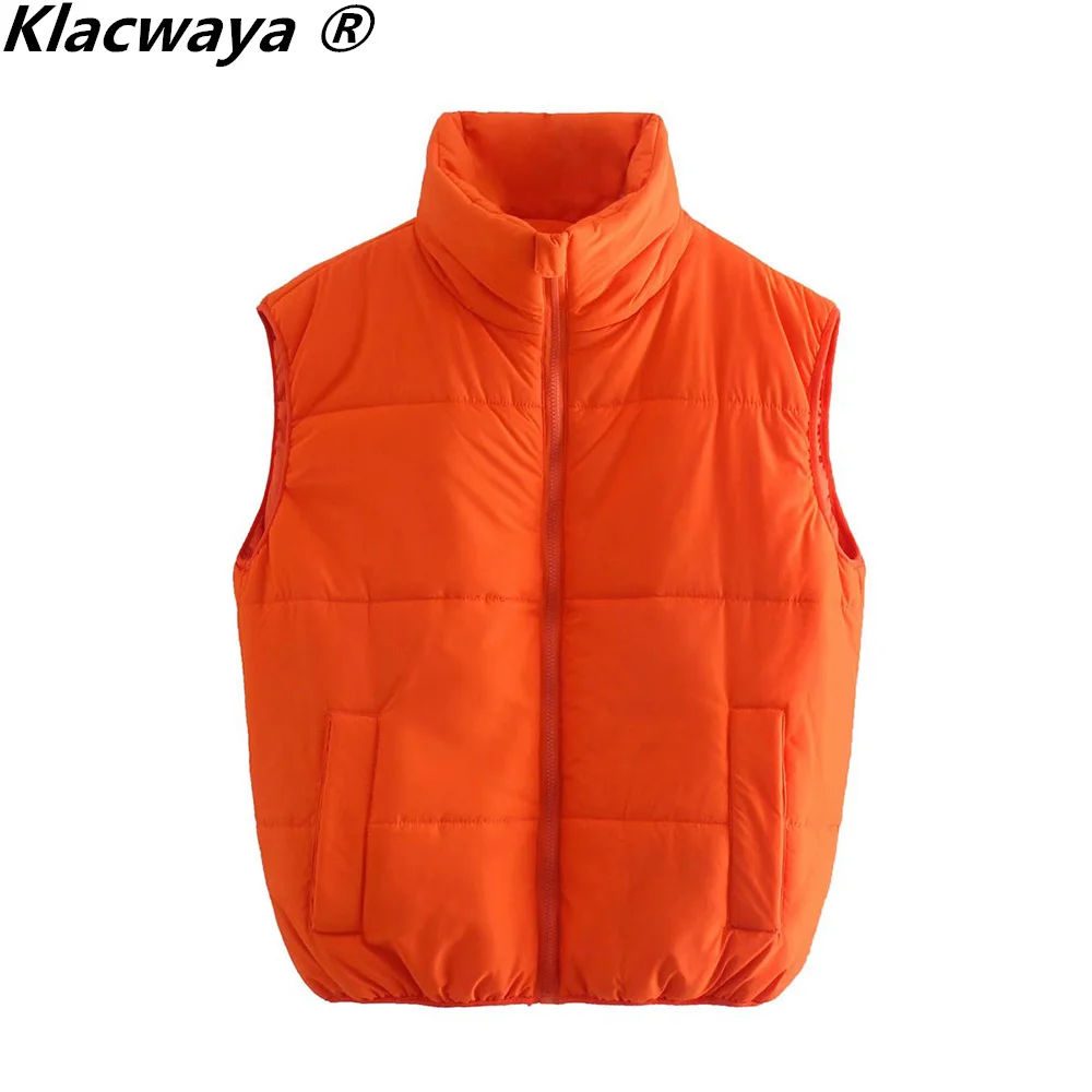 Klacwaya Women Vest Sleeveless Jacket For Women 2021 Orange Warm Vests Waistcoat Women Quilted Jacket Casual Zipper Gilet