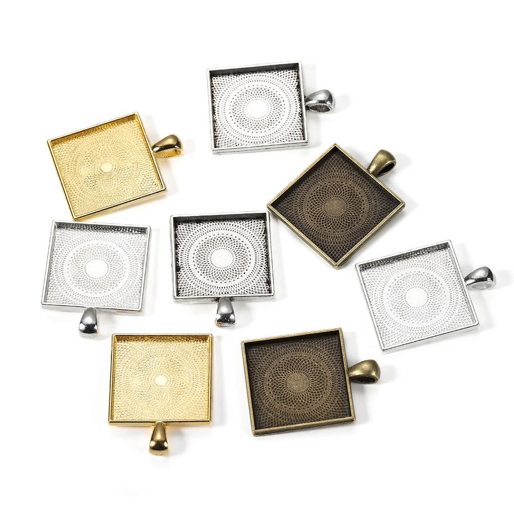 5pcs/lot Square Cabochons Bases Settings Pendant Bezel Trays Fit 25mm Glass Cabochon DIY Necklace Making