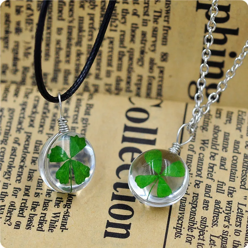 Natural Dandelion Ellipse Clover Crystal NecklaceHandmade Dried Flowers Pendant Permanent Preservation Chains Jewelry Gor Women