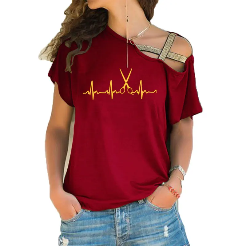 New Summer Heartbeat Hairdresser T Shirt Women Short Sleeve Girls Tshirt Barber T-shirt Irregular Skew Cross Bandage Tee