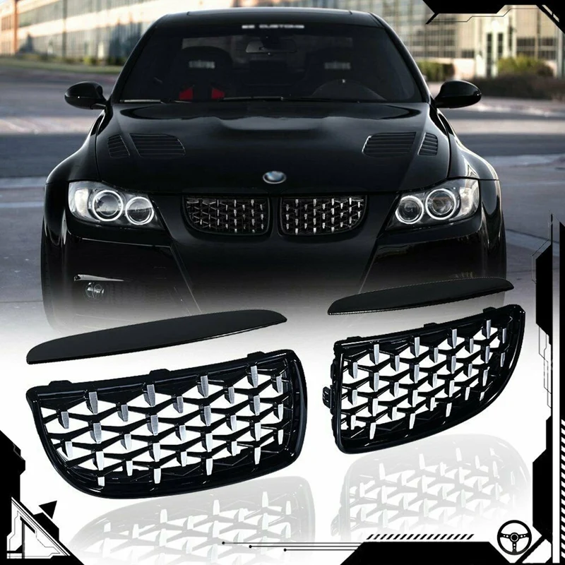 Gloss Black&Chrome Diamond Meteor Latest Style Grille for -BMW 3 Series E90 E91 325I 328I 335I Pre-LCI 2005-2008