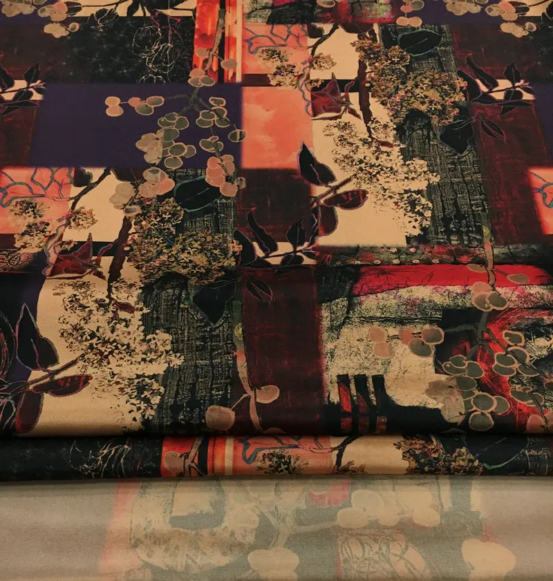 Chinoiserie printing purple tone 30mm heavy crepe stretch digital printing fabric natural mulberry silk cloth material per meter