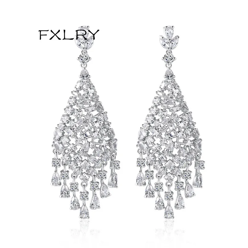 

FXLRY New Design Micro-inlay Cubic Zirconia Teardrop Tassel Dangle Earrings For Women Wedding Jewelry Gift