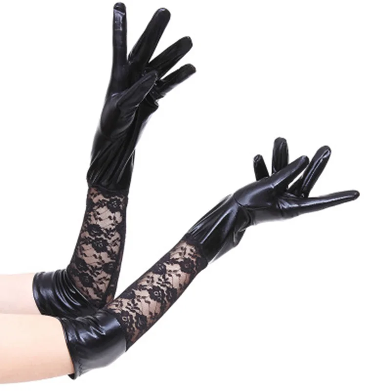 

Sexy Cycling Driving Long Lace Gloves Women Black Patent Leather Stitching Banquet Dance Performance Etiquette Mittens L58L