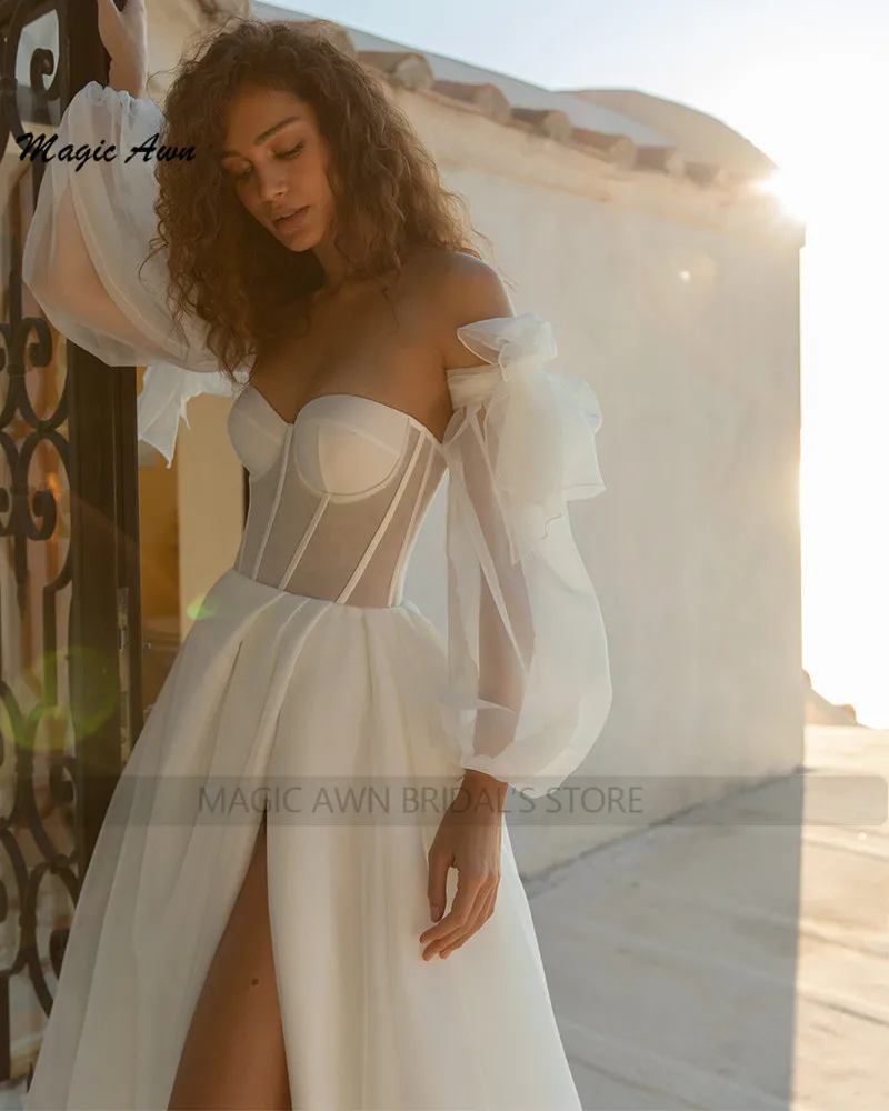 Magic Awn 2024 Beach Wedding Dresses For Women Detachable Long Puffy Sleeves Organza Boho Mariage Gowns Side Split Lace-up Back