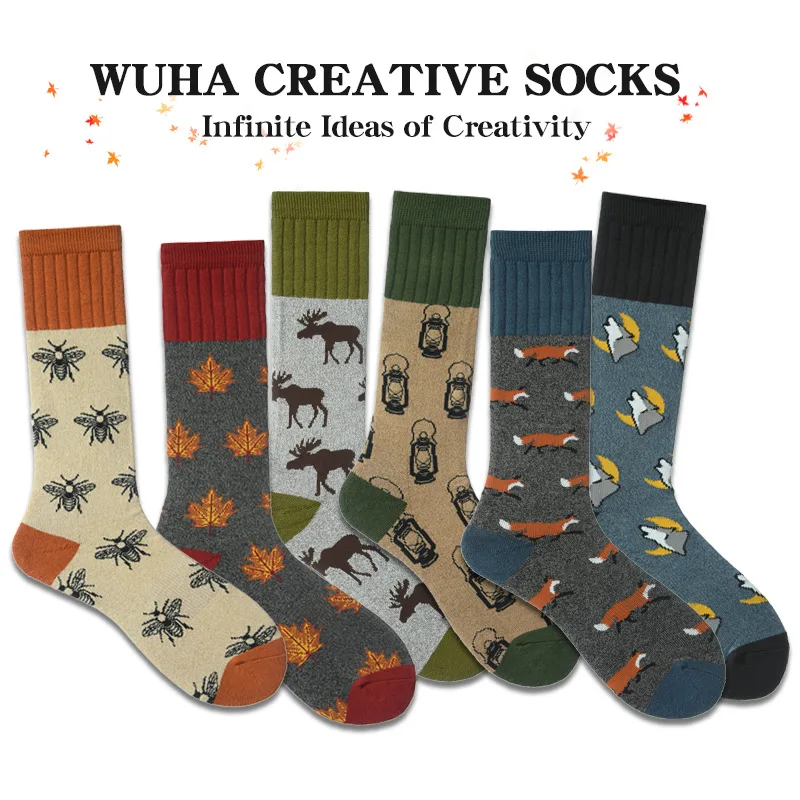 2024 New Fashion Socks Men\'s Fun Animal Cotton Socks New Socks Barefoot Deer Fox Leaves Fashion Socks