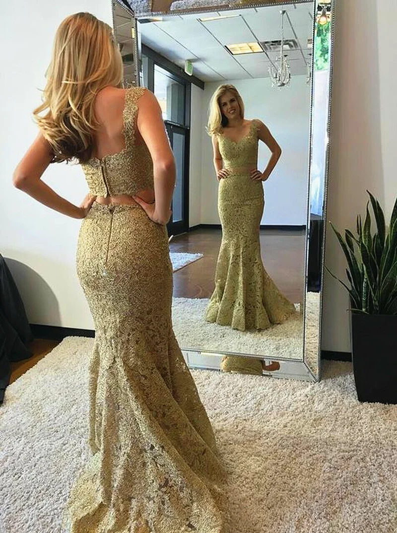 Lacci dorati abito da ballo sirena lunghezza del pavimento due pezzi elegante scollo a v lunghezza del pavimento abito da sera semplice robe de soirée de mariage