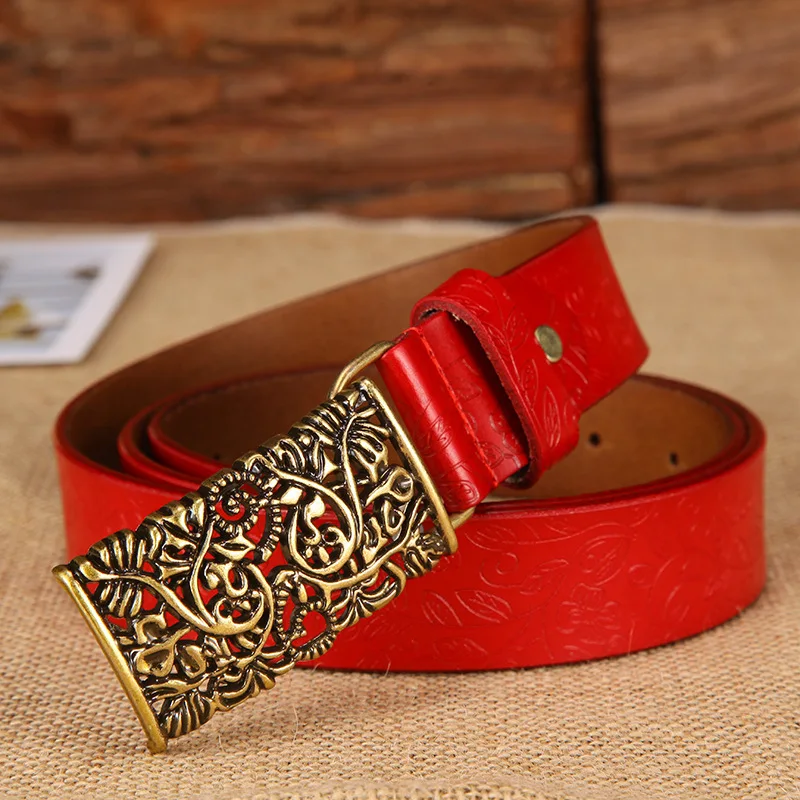 Peikong Women leather belt retro hollowed out board buckle leather belt with female smooth buckle female cowhide belt 115cm