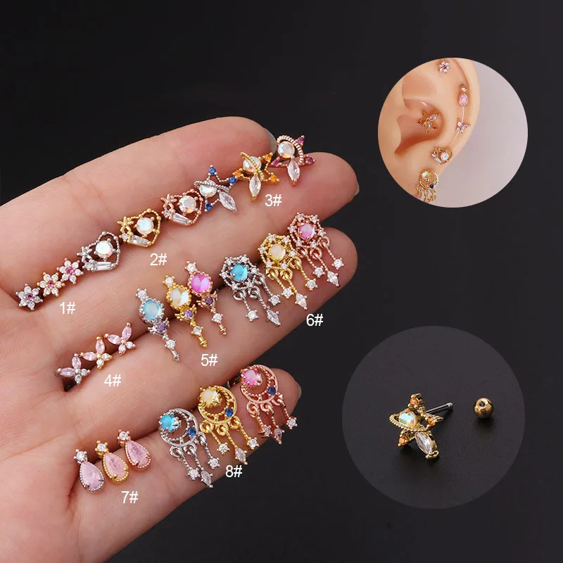 New 1PC 20G Stailess Steel Multicolor Cz Cartilage Piercing EarTragus Helix Lobe Screw Back Stud Earring Piercing Jewelry