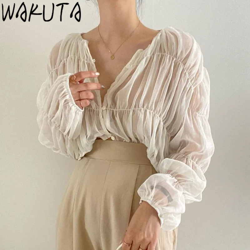 WAKUTA Folds Shirts Summer 2024 Sexy Transparent Loose Long Sleeve V Neck Solid Color Blouses Korean Style New Gentle Casual