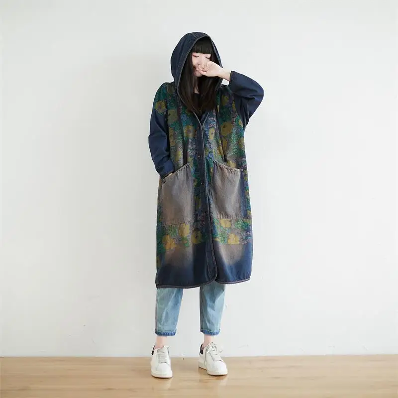 Female new autumn Retro literary plus size hooded outerwear washed single-breasted M-long slim casual loose denim trench