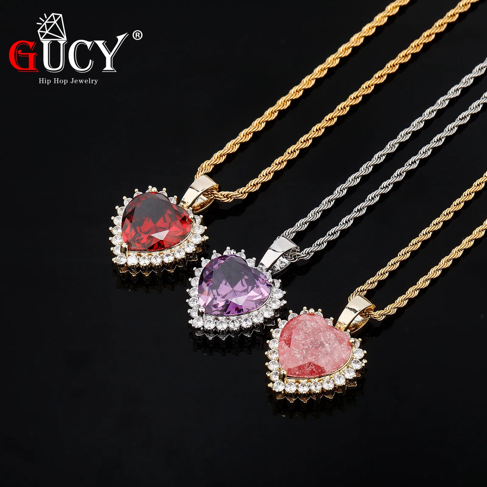 GUCY Multicolor Heart  Pendant With 4mm Tennis Chain Bling AAA Cubic Zircon Men's Hip Hop  Jewelry For Gift