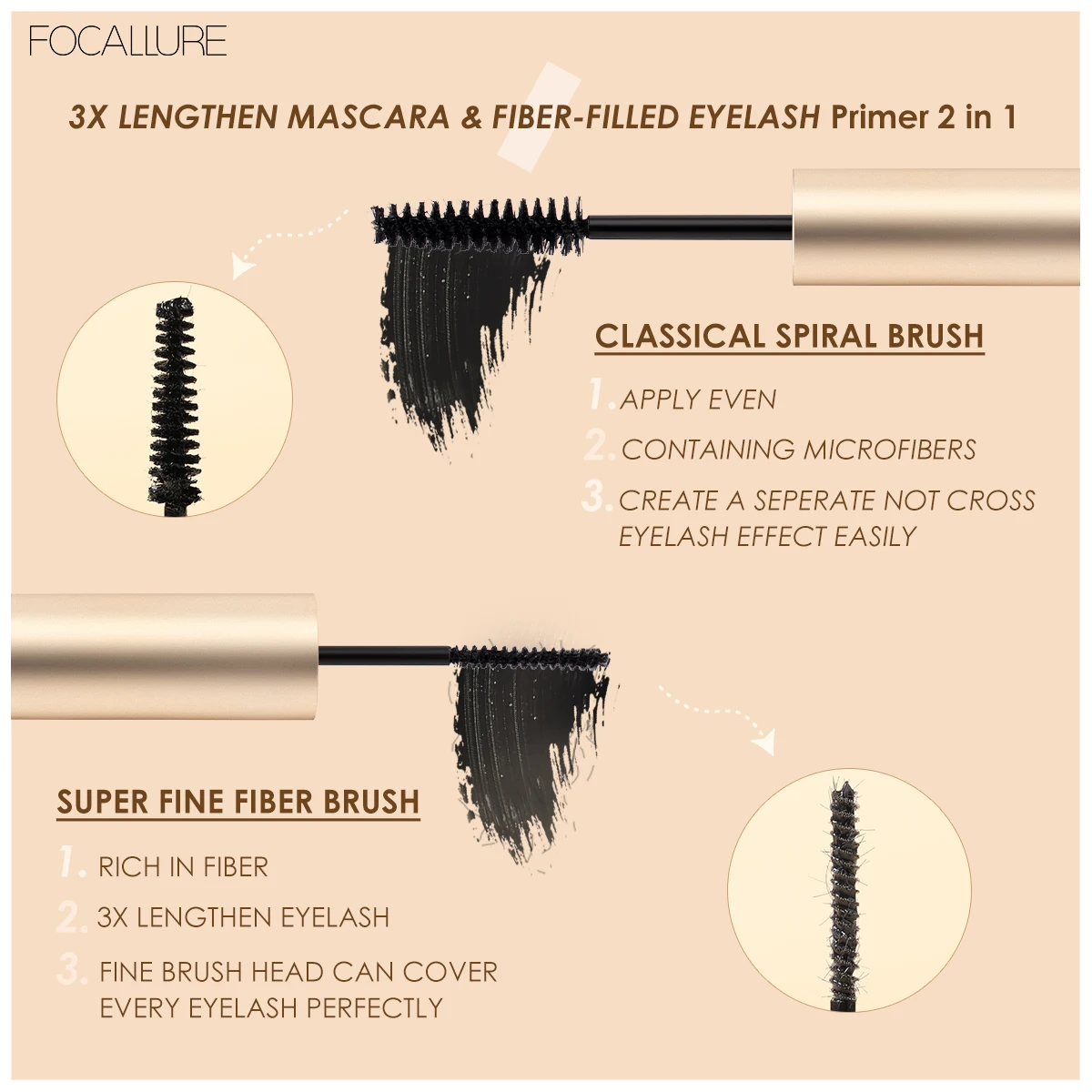 FOCALLURE 2 In 1 Waterproof Black Mascara Eyelash Lengthening Curling Eyes Eyelash Extension Eyeliner Enchancer Makeup Cosmetics