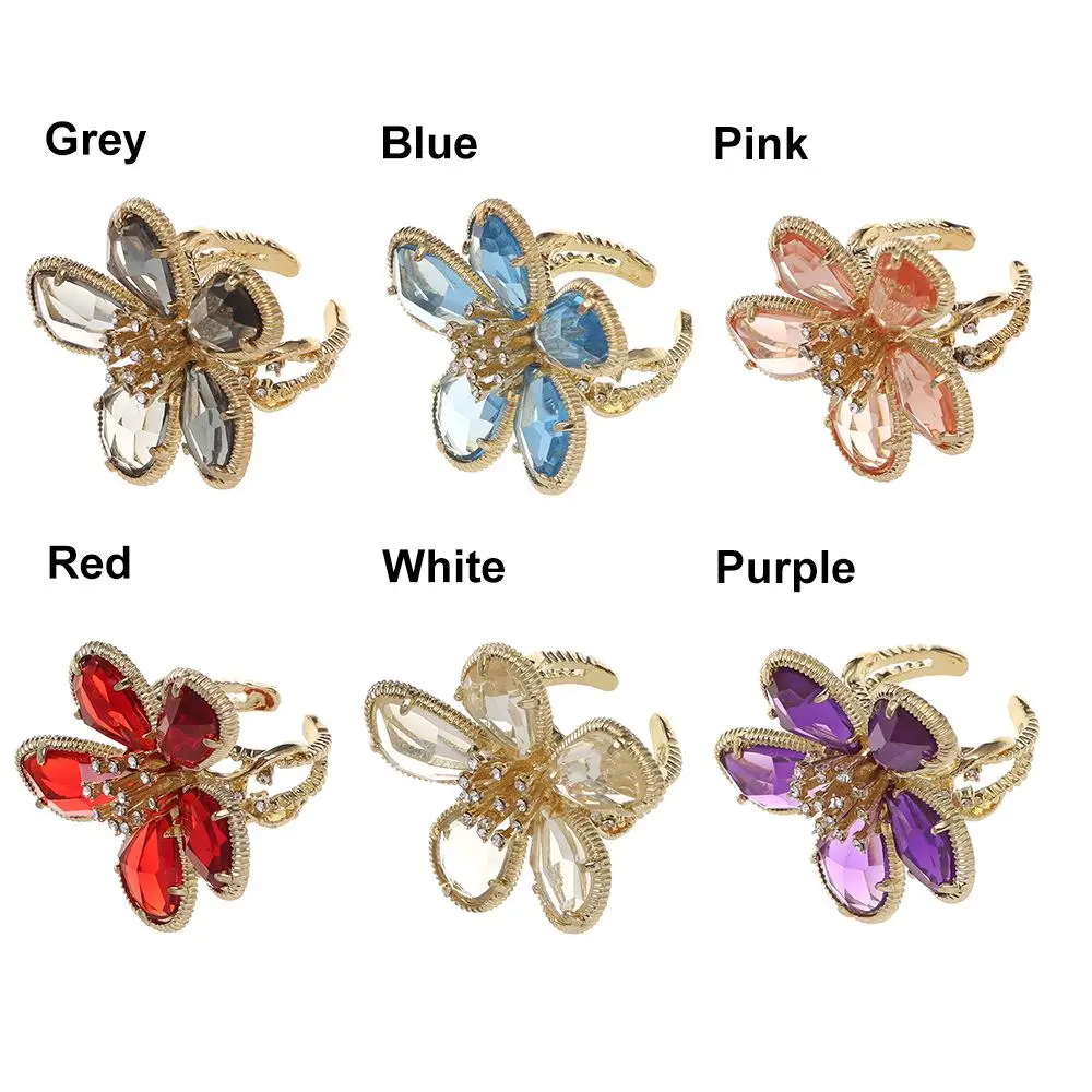 Big Flower Crystal Ring Personality Exaggerated Crystal Flower Open Adjustable Ring for Women Girl Wedding Party Jewelry Gifts