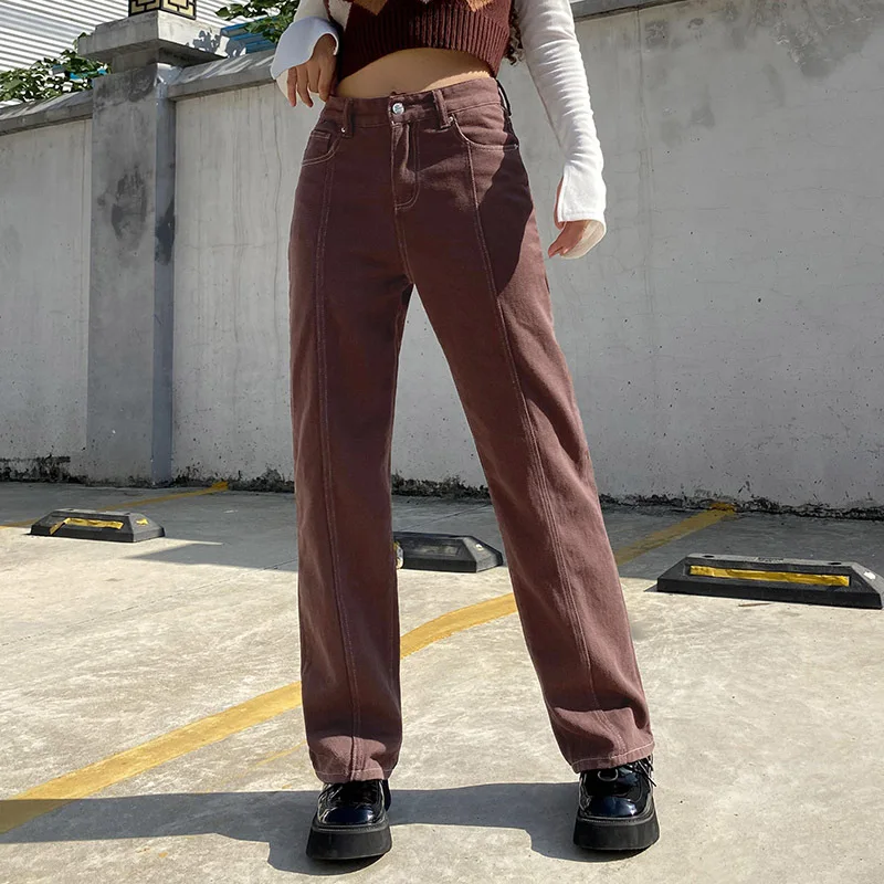 European and American Fashion Solid Color Jeans Women 2021 New style Y2K Street High Waist Wide Leg Pants Slim Retro Jeans Brown