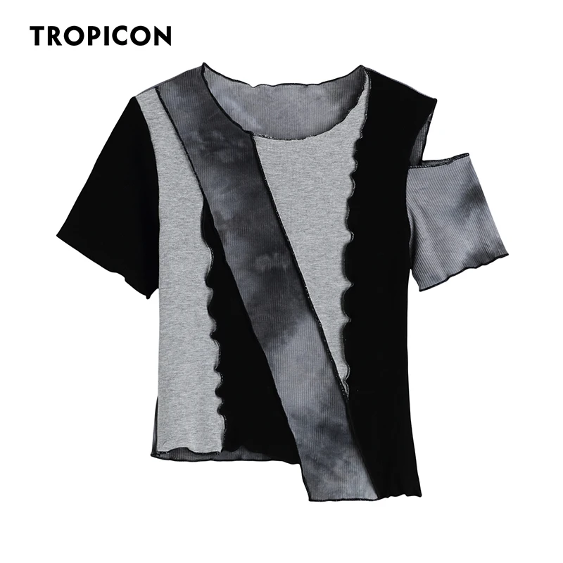 TROPICON Tie Dye Patchwork Tops Women 2021 Crewneck Tshirt Asymmetrical Crop Top Summer T Shirt Short Sleeve Tees Black Grey