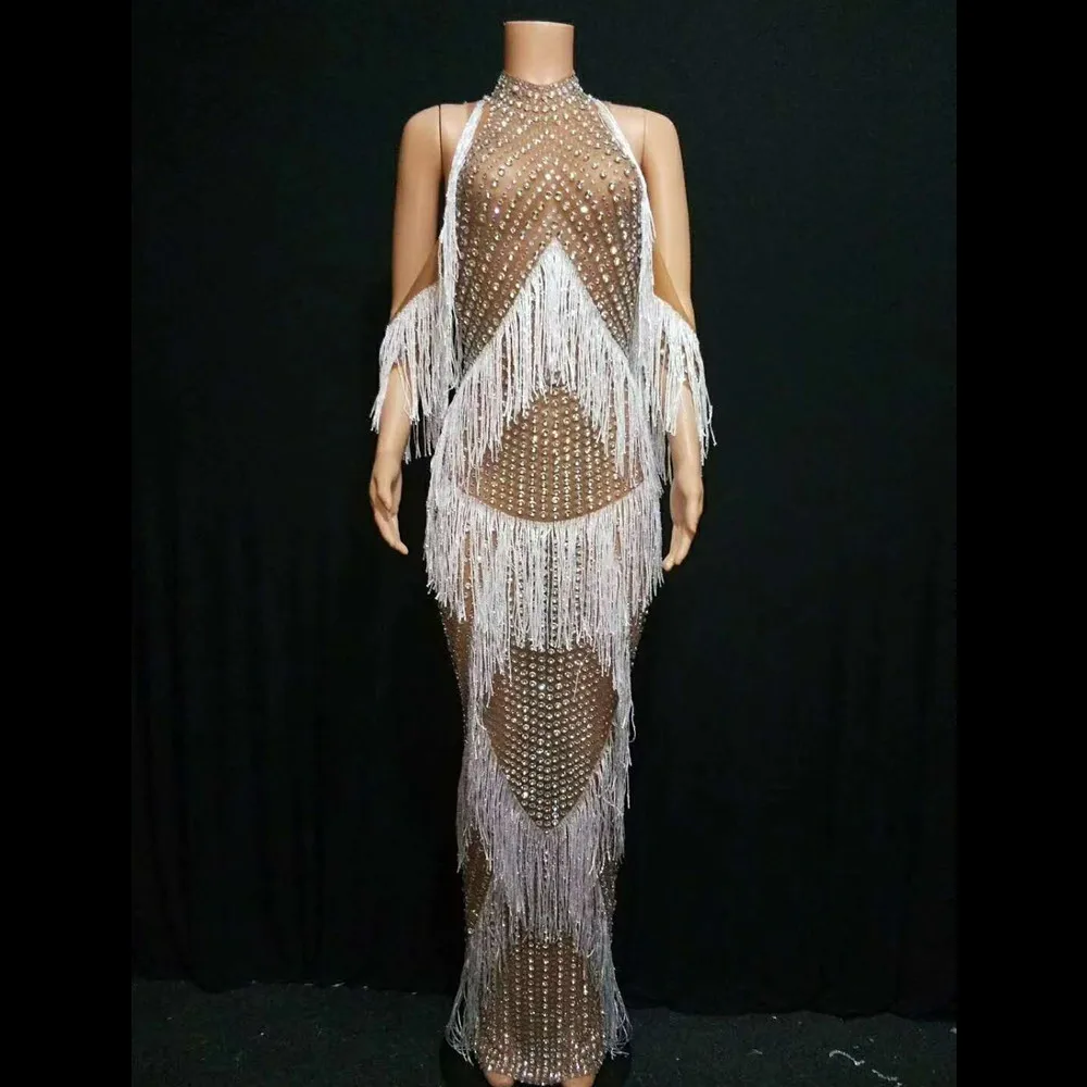 

Shining Crystal Wedding Party Long Dress Women Slim Sexy Mesh See Through Rhinestone Tassel Dress Fashion Evening Singer Costume