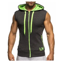 Summer Men Sleeveless Tank Tops Bodybuilding Hoodie Tops Workout Solid Slim Vest Camiseta Casual Hooded Sweatshirt Vests MY359