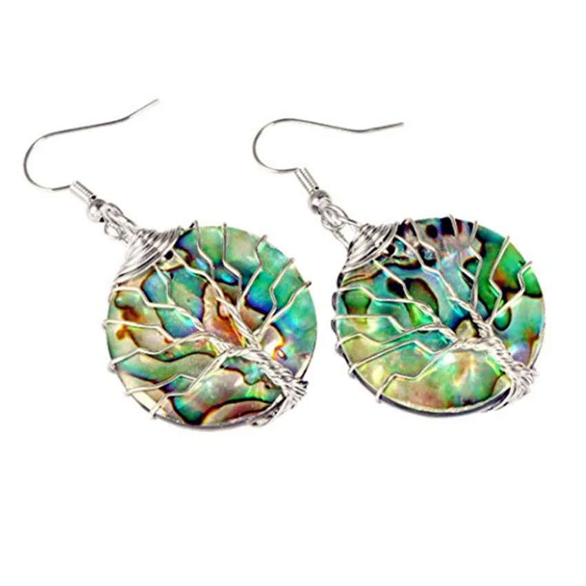 

FYJS Unique Silver Plated Wire Wrap Round Shape Abalone Shell Dangle Earrings Ethnic Style Jewelry