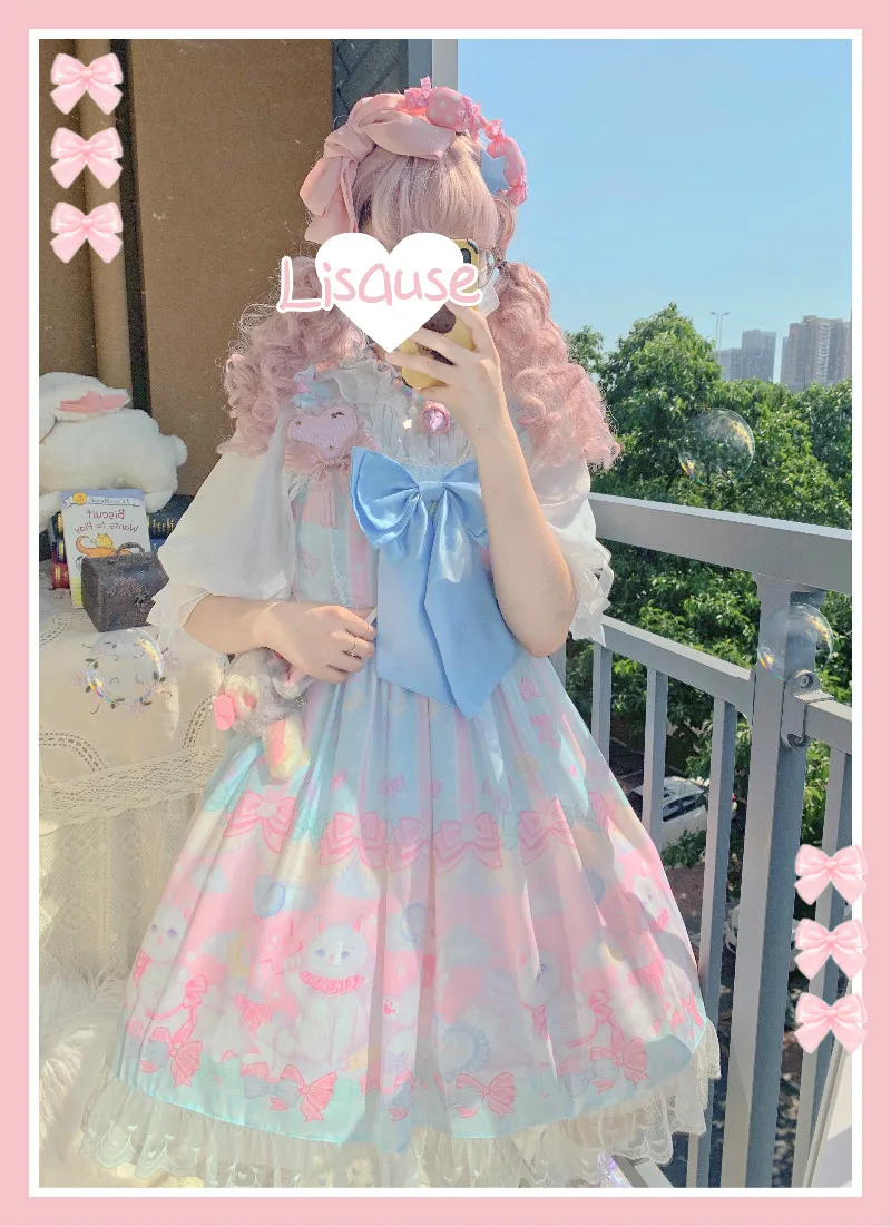 Palace Sweet Princess Lolita Strap Dress Vintage stampa a vita alta abito vittoriano Kawaii Girl Gothic Lolita Cos Loli Jsk Cat