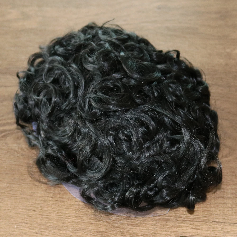 20MM Curly Machine Injected Technical Men's Wig Skin Base Human Hair Toupee Replacement System #1B Color 8x10inch