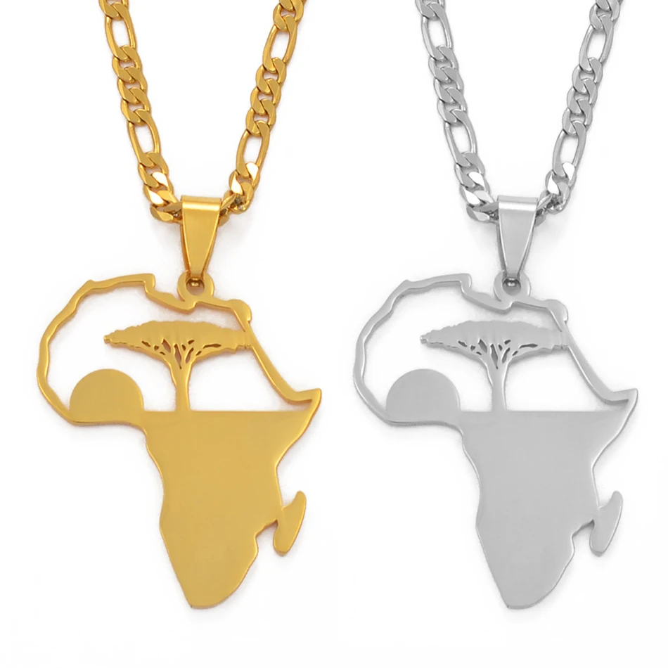 Anniyo African Tree & Sunrise Pendant Necklaces for Men Women Girls,My Home in Africa Jewelry Gold Color Birthday G #112121