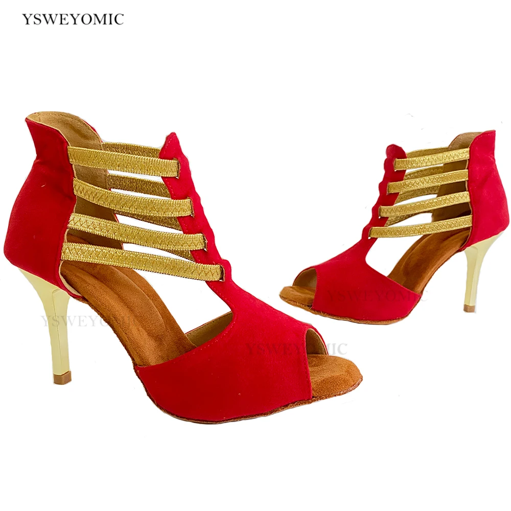 Zapatos de baile de Salsa roja con tiras elásticas doradas, plantilla suave, interior, fiesta de baile latino, botines de baile