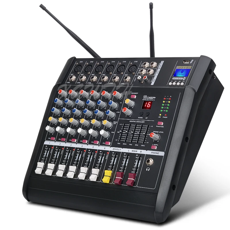 Mezclador amplificador de 6 canales con 2 micrófonos inalámbricos de mano, micrófono cardioide dinámico, Bluetooth, USB, consola de mezcla de efectos DSP 16