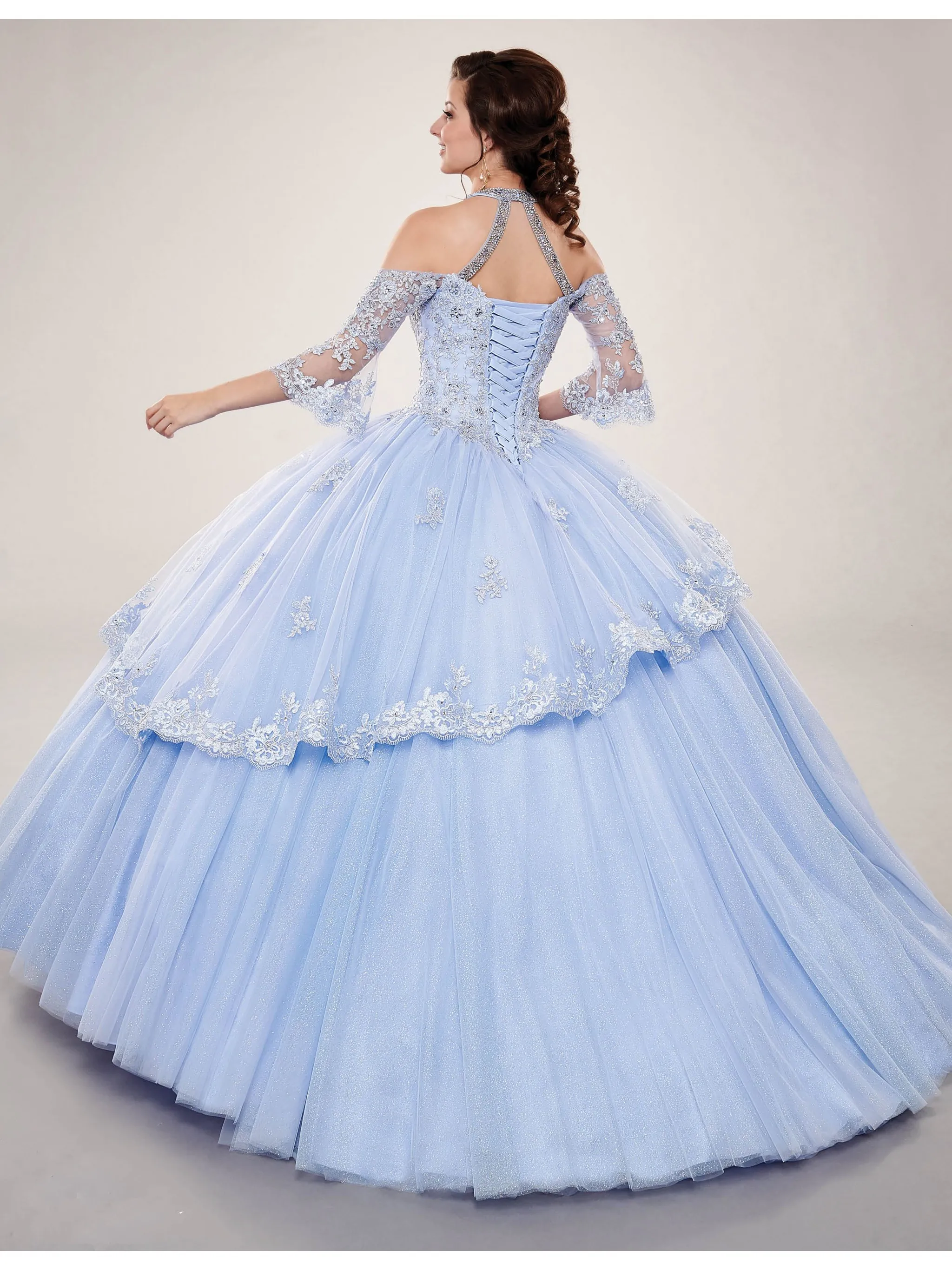 Vestido de novia de encaje con apliques, vestido de quinceañera con mangas, tul brillante, 15 años, 2021, 15 años, WQ9821