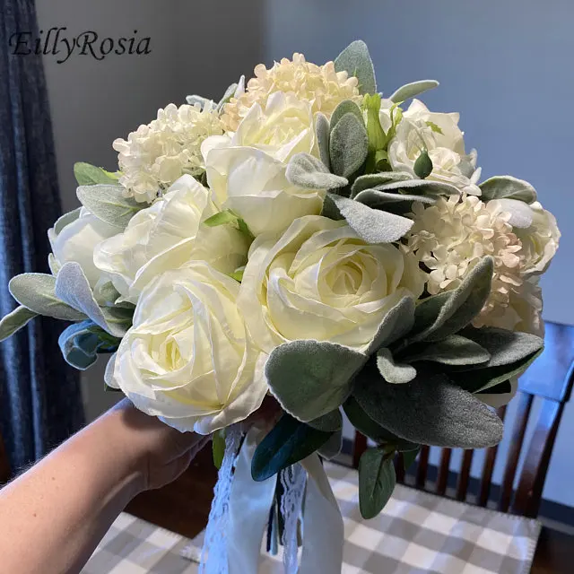 

EillyRosia White Green Destination Country Wedding Bouquet Artificial Roses Hydrangea Outdoor Bride Bouquet mariage champetre