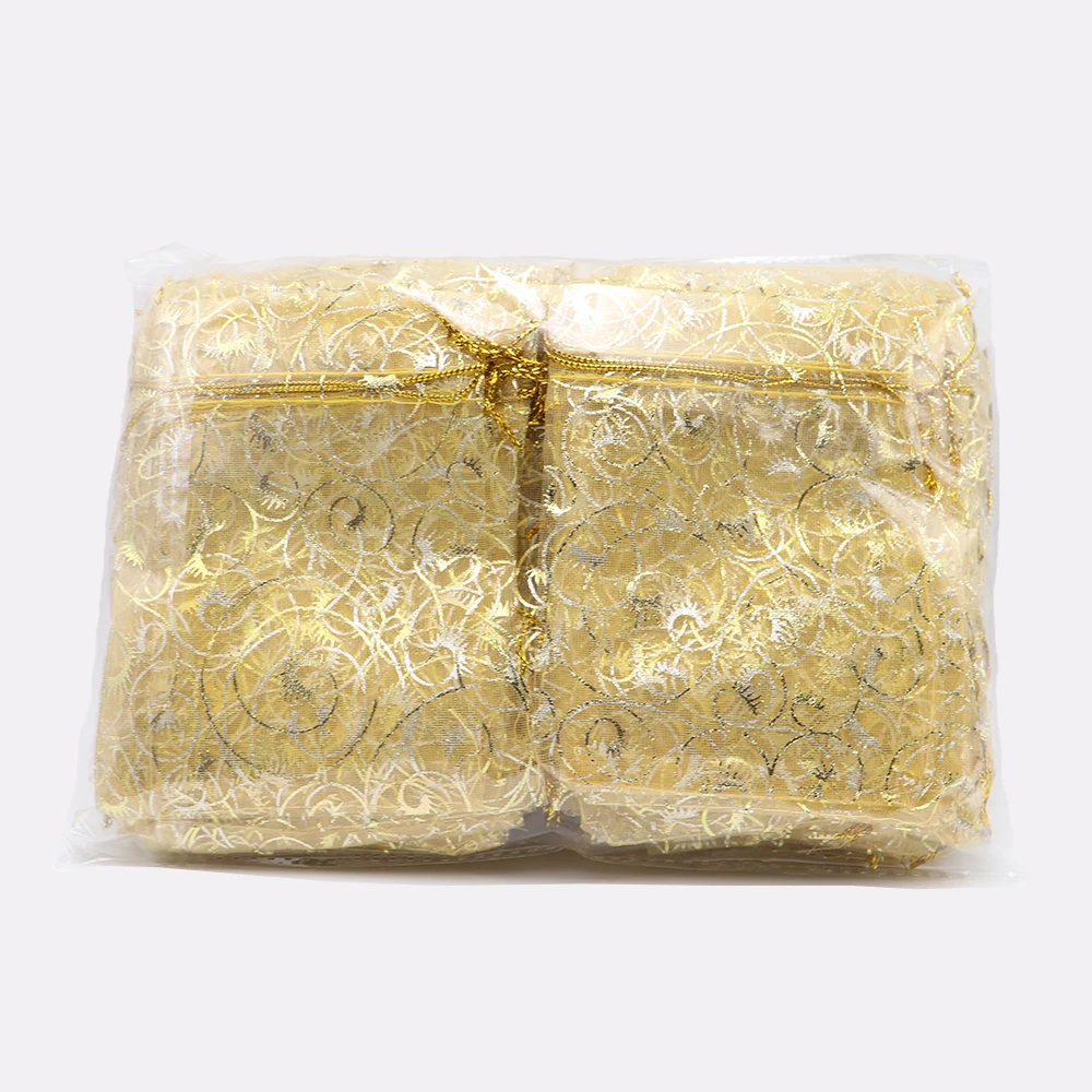 50/100 pces ouro organza joias malotes 12x9cm champanhe doces jóias embalagem sacos festa de casamento presente favor sacos cílios