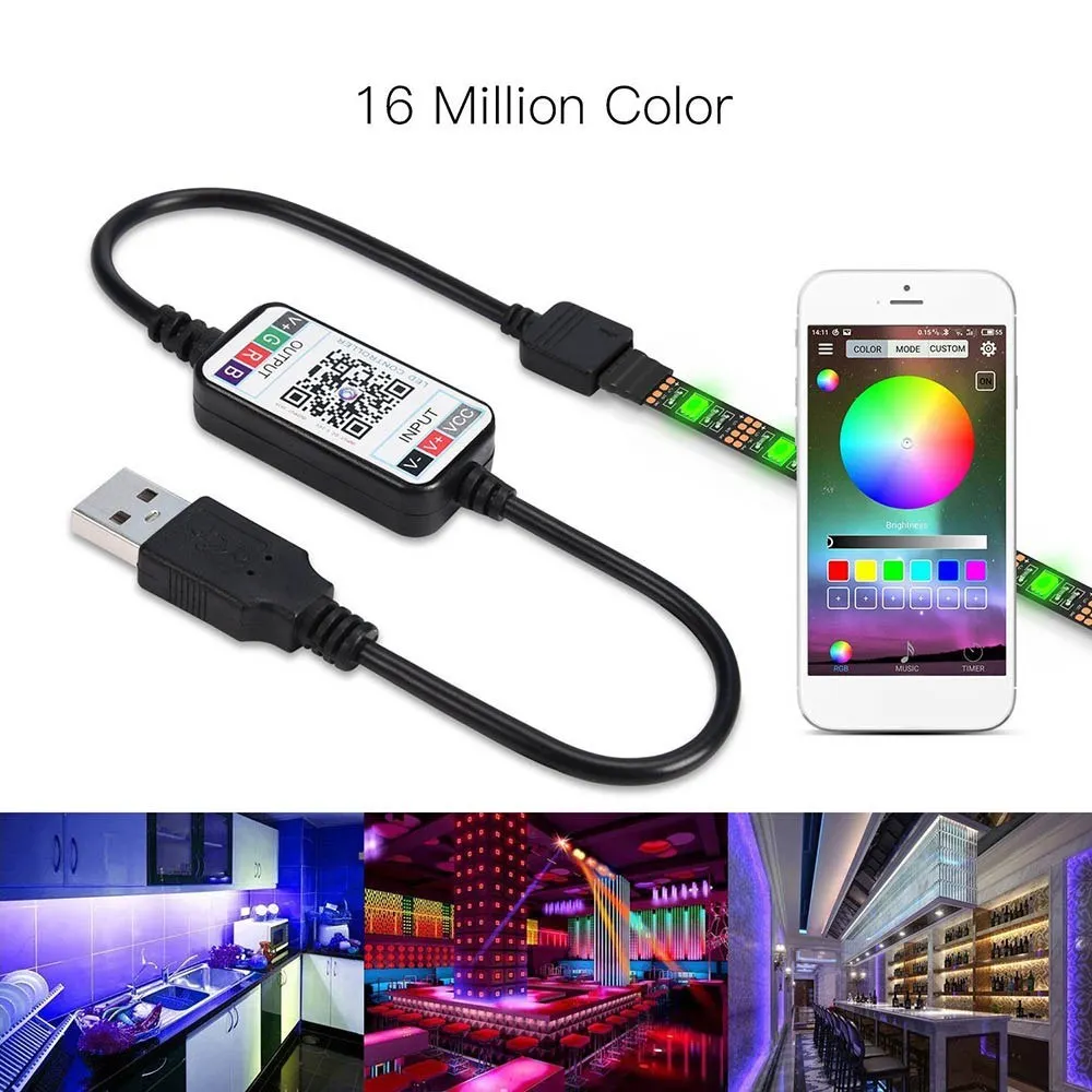 Tira de luces LED que cambian de Color, 2m, retroiluminación de TV, USB, RGB, con BT, controlador de aplicación para teléfono inteligente