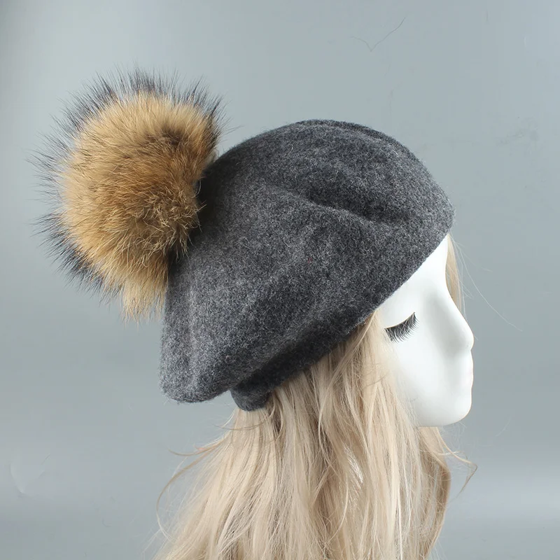 2022 New Big Real Fur Pompom Beret Women Vintage Artist Beret Hat Girls Autumn Spring Wool Knitted Cap