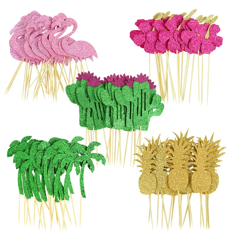 10pcs Palm Leaves Flamingo Cupcake Topper Hawaiian Luau Summer Party Cake Decoration Kids Jungle Birthday Party Tropical Wedding