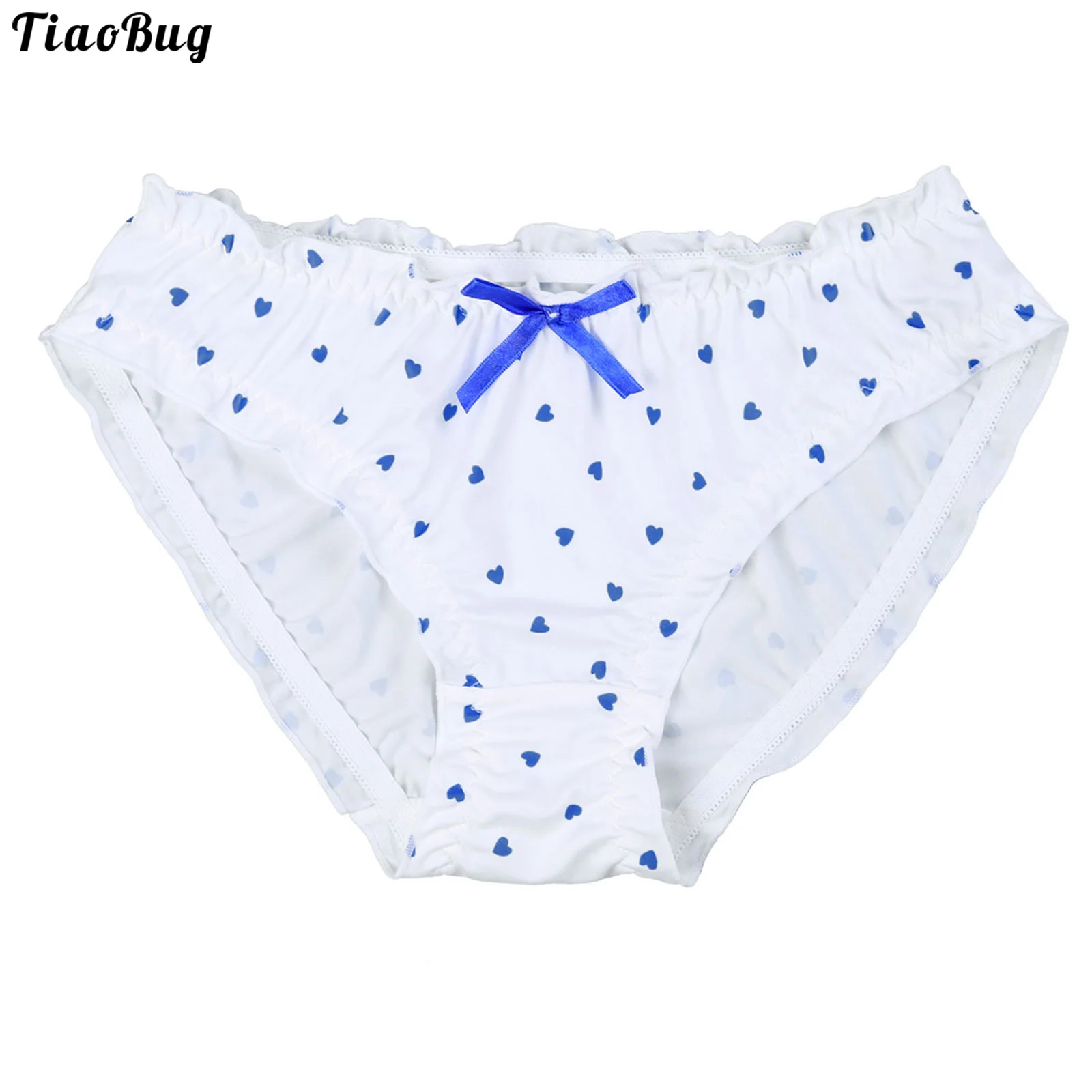 TiaoBug Fancy Man Sissy Cosplay Briefs Elastic Waistband Cartoon Heart Print Ruffled Lace Bowknot Adorned Cute Brief Panties