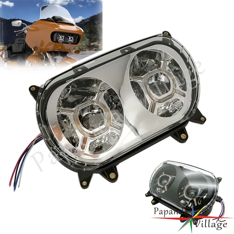 E-Mark E8 Motorcycle 12V Headlight For Harley Road Glide FLTRX Ultra FLTRU 2015-Up Chrome Dual LED Headlamp Hi/Lo beam DRL Light