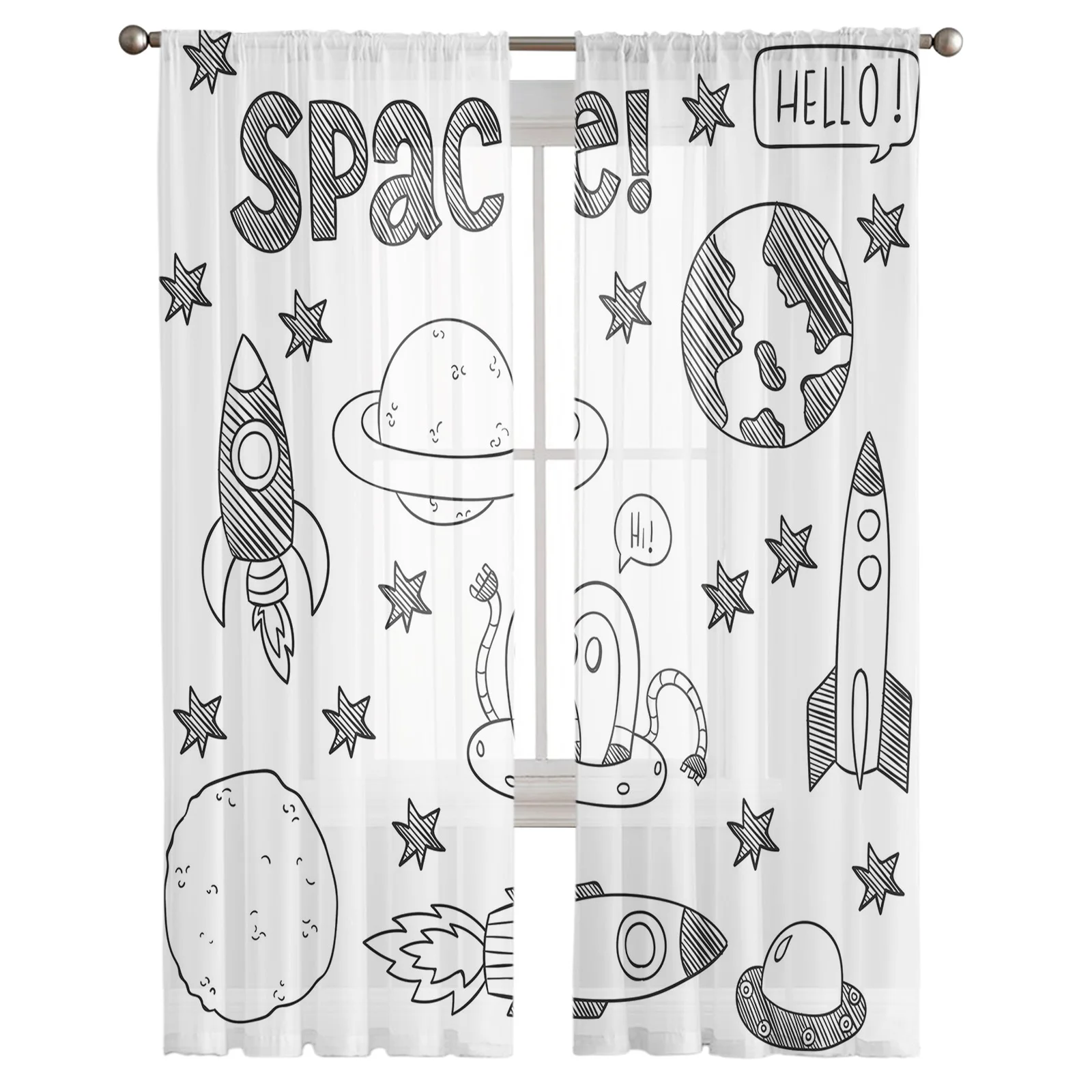 Comic Space Airship Rocket Curtain Window Tulle For Living Room Bedroom The Kitchen Window Treatment Decorations Curtains