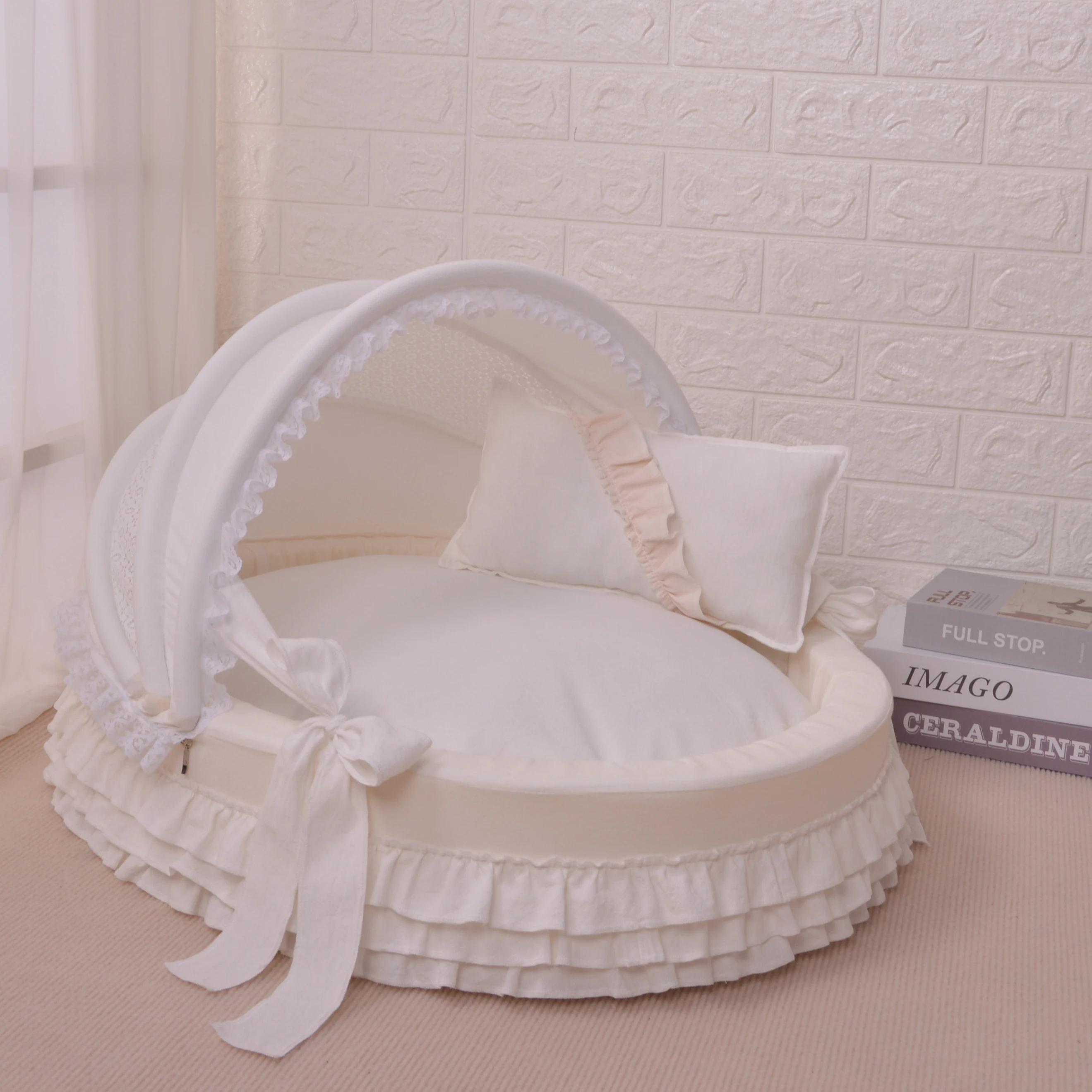 

Pet Round Nest Canopy Foldable Awning Pet Cradle Bed High-End Fashion Dog Bed Exquisite Doghouse Lace Dog Cradle Nest Luxury