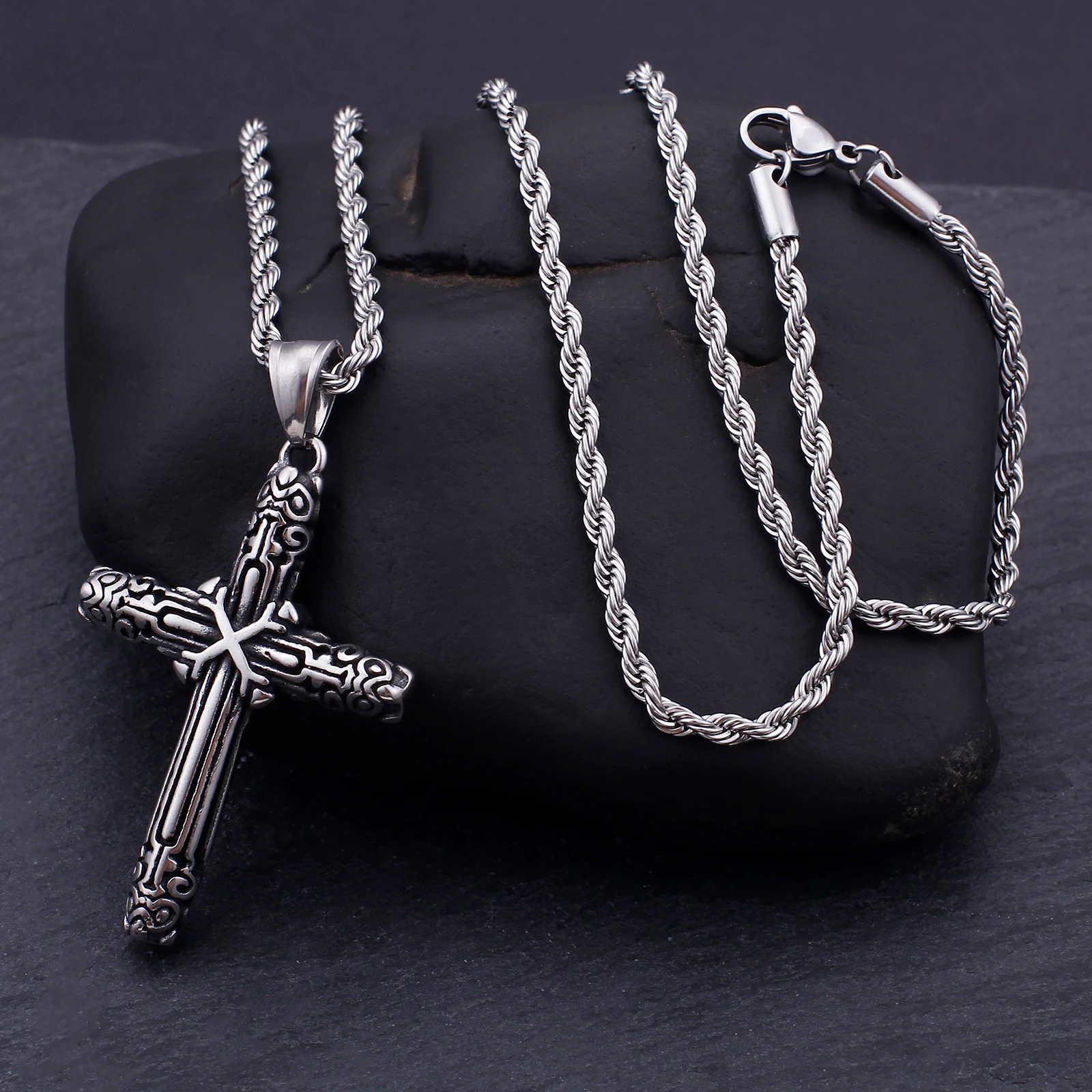 

Fongten Retro Cross Blessing Pendant Necklace Men Stainless Steel Vintage Jesus Neck Choker Male Jewelry Accessories